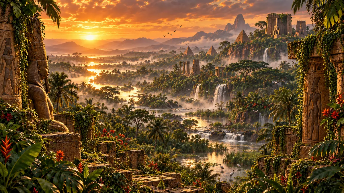 MISFORTUNATE jungle region artwork, with lush foliage, waterfalls and ancient ruins